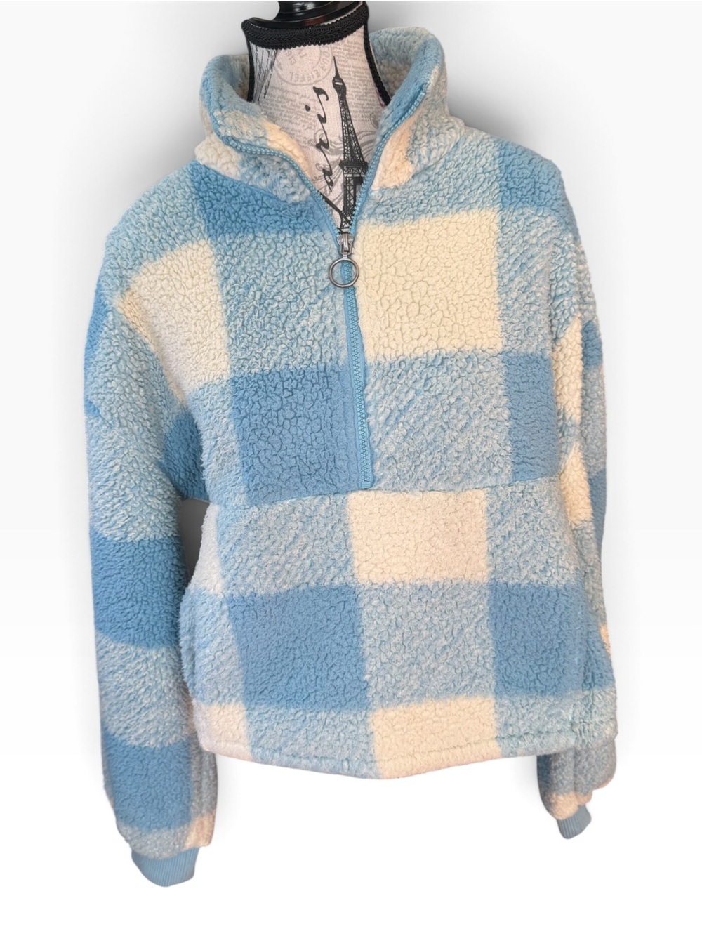 Billabong Blue Cream Buffalo Plaid Sherpa Half Zip Pullover Size Medium - Picture 2 of 9